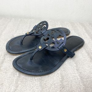 Tory Burch Logo Miller Thong Sandals In Black Size 10 Leather